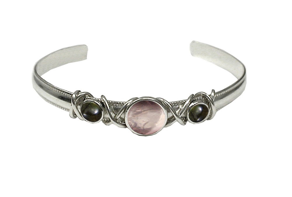 Sterling Silver Hand Made Cuff Bracelet With Rose Quartz And Spectrolite